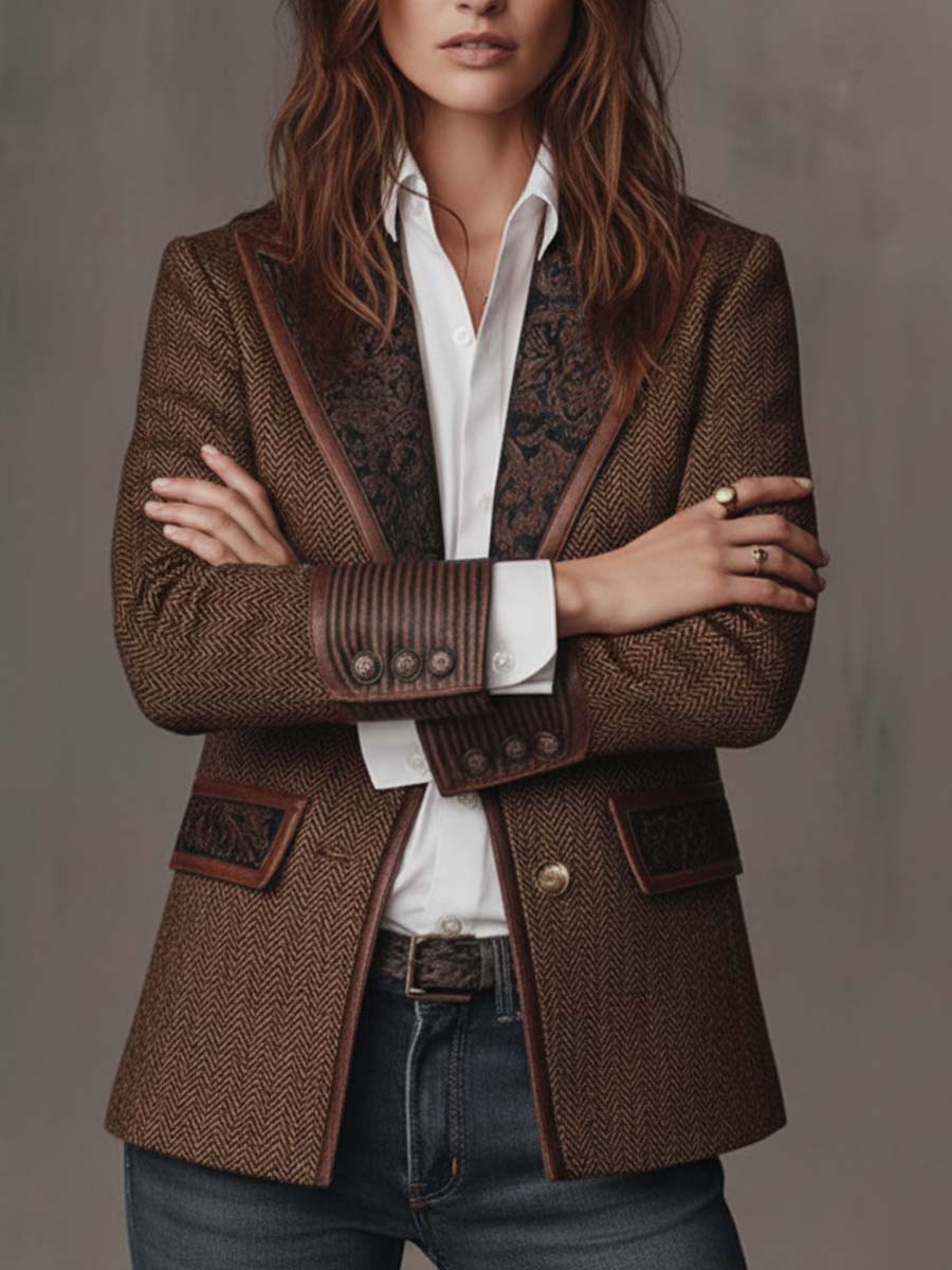 Savile Herringbone Leather-Trim Tweed Blazer