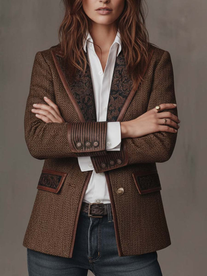 Savile Herringbone Leather-Trim Tweed Blazer