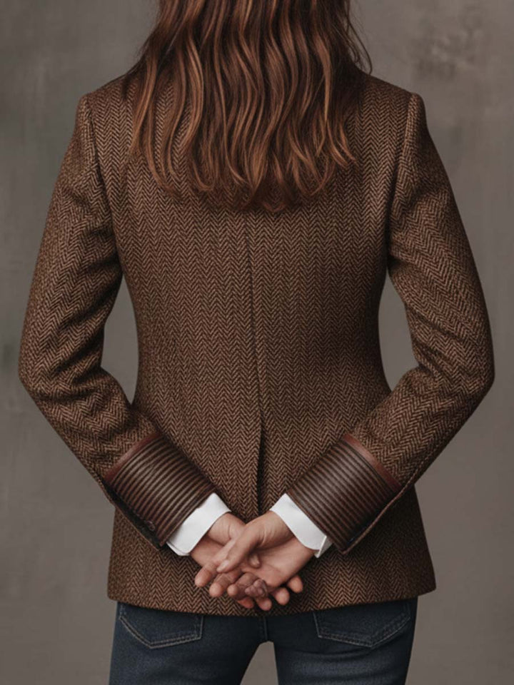Savile Herringbone Leather-Trim Tweed Blazer