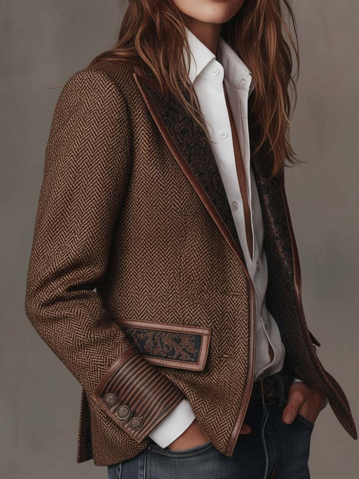 Savile Herringbone Leather-Trim Tweed Blazer