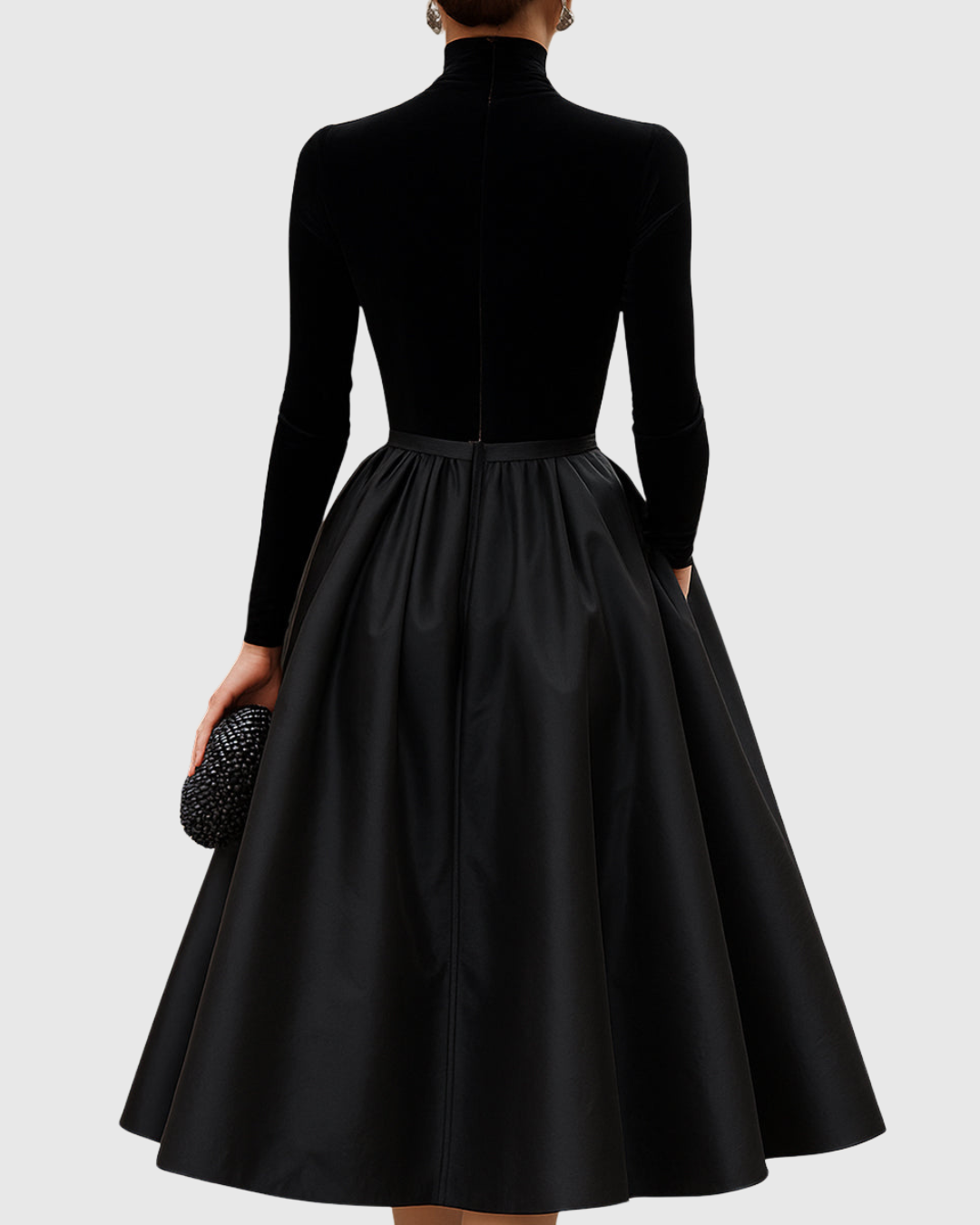 Aradia | Women's Elegant Black Velvet And Satin Midi Dress