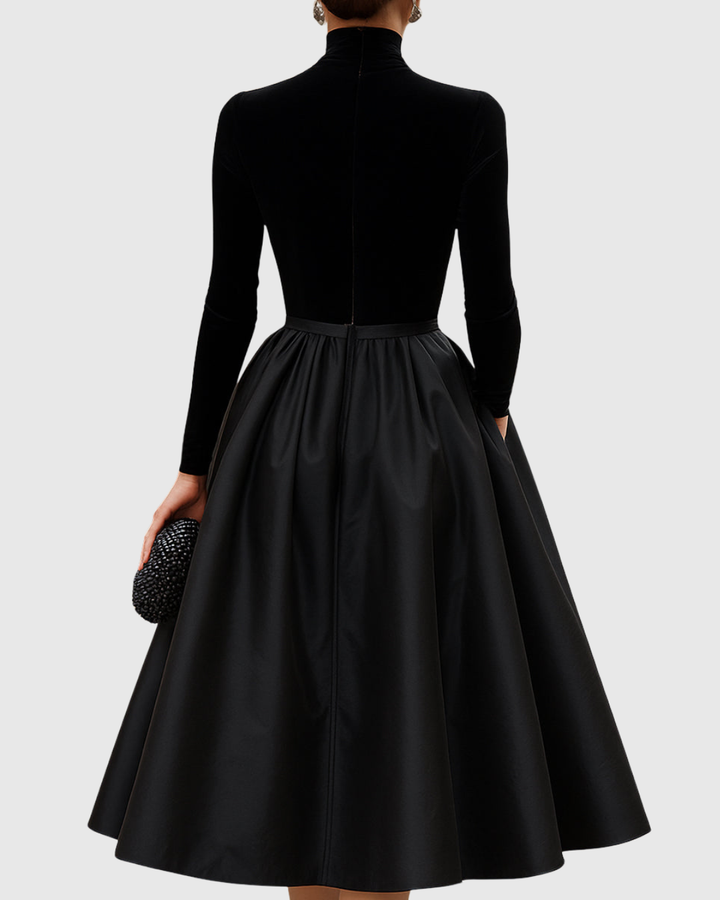 Aradia | Women's Elegant Black Velvet And Satin Midi Dress