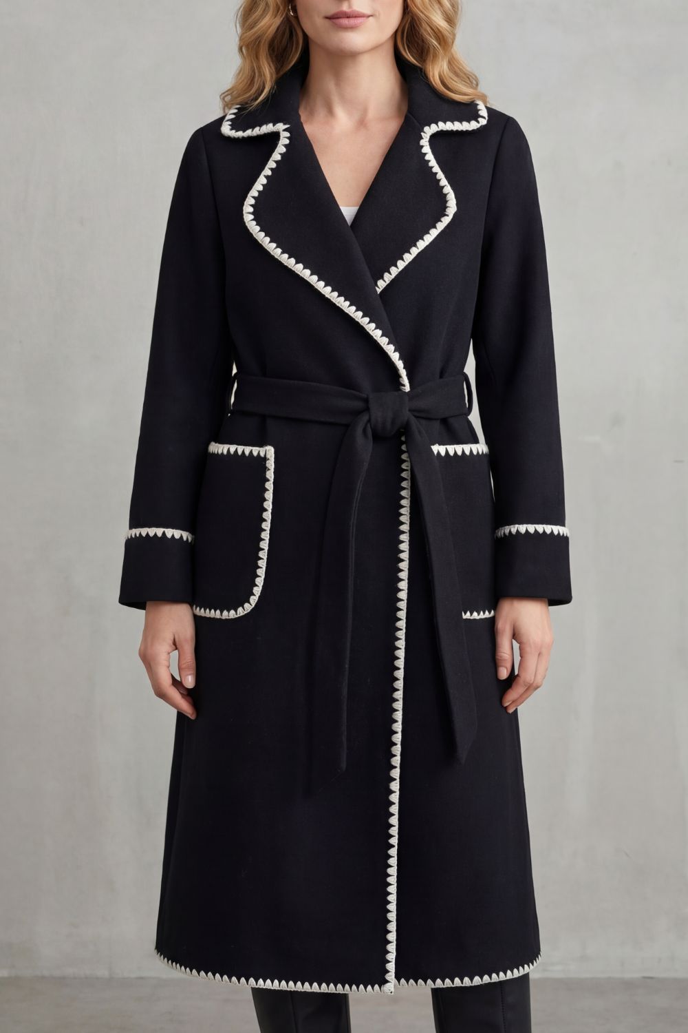 Serafelle | Women's Contrast Trim Longline Belted Coat