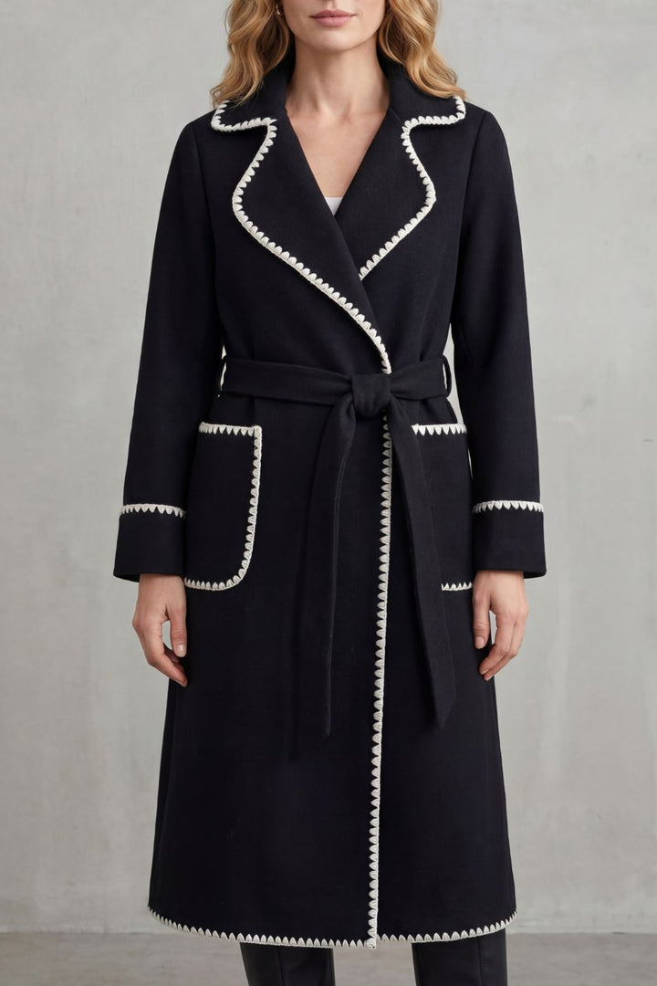 Serafelle | Women's Contrast Trim Longline Belted Coat