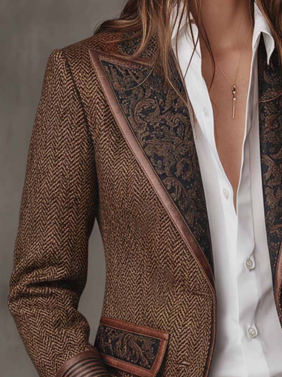 Savile Herringbone Leather-Trim Tweed Blazer
