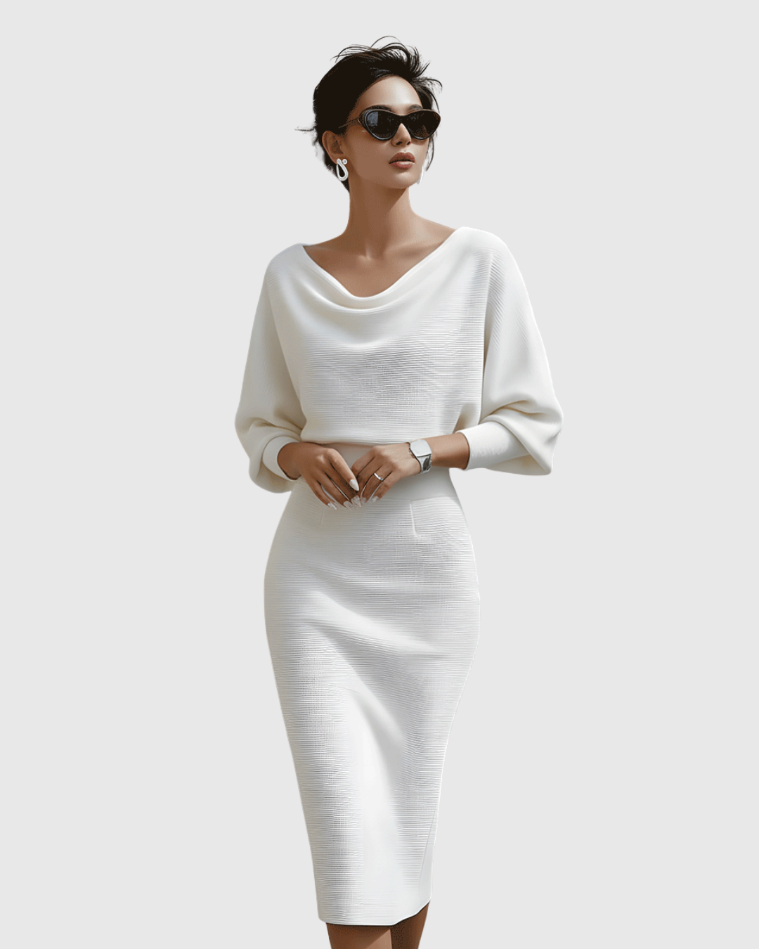 Ismeria | Women's White Draped Batwing Midi Dress