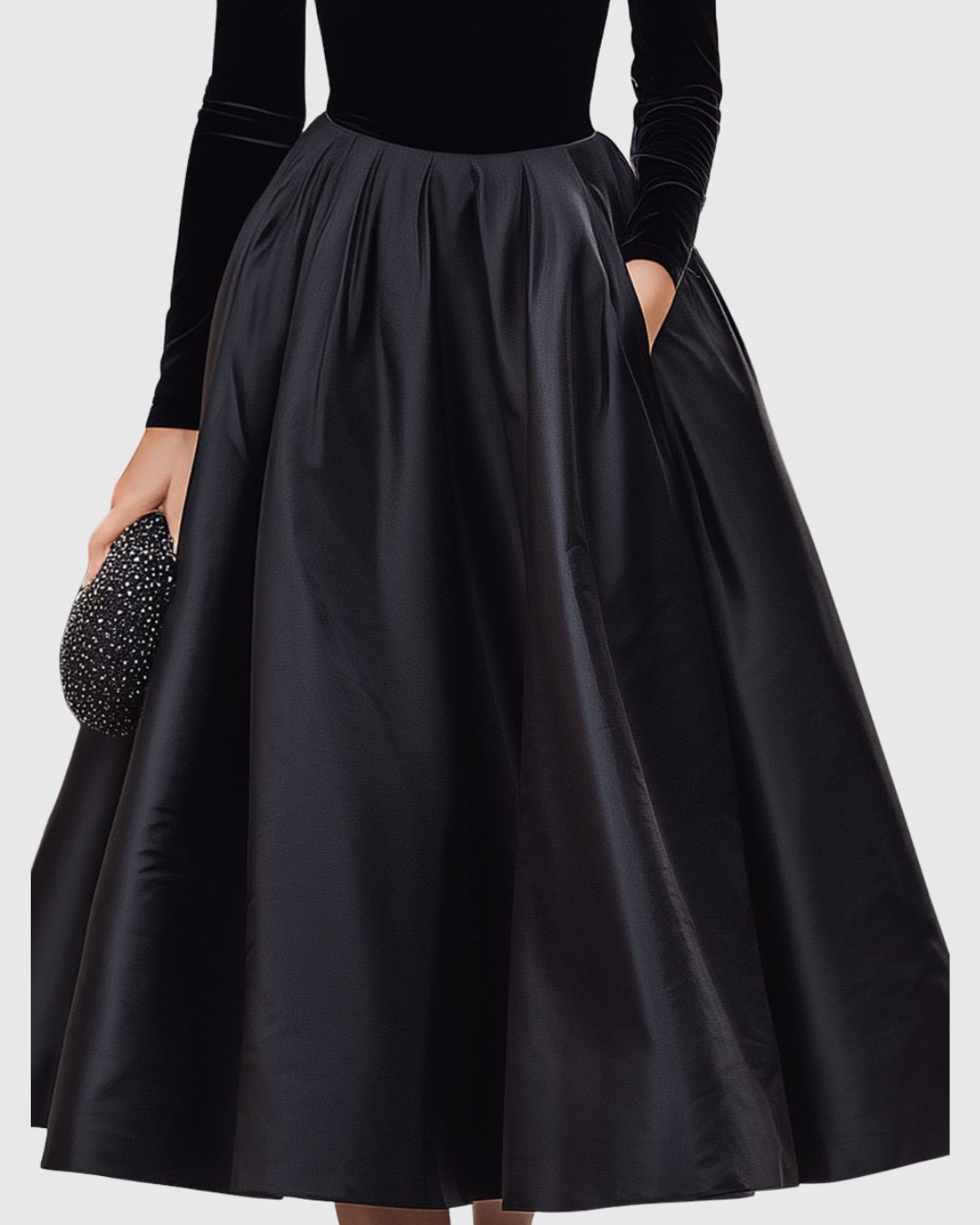 Aradia | Women's Elegant Black Velvet And Satin Midi Dress