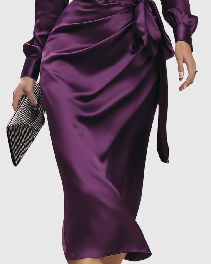 Cerelia | Women's Deep Plum Satin Wrap Midi Dress