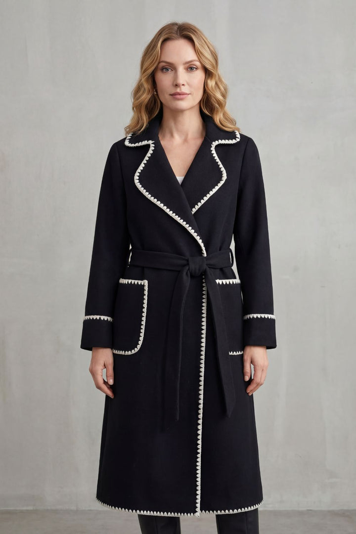Serafelle | Women's Contrast Trim Longline Belted Coat