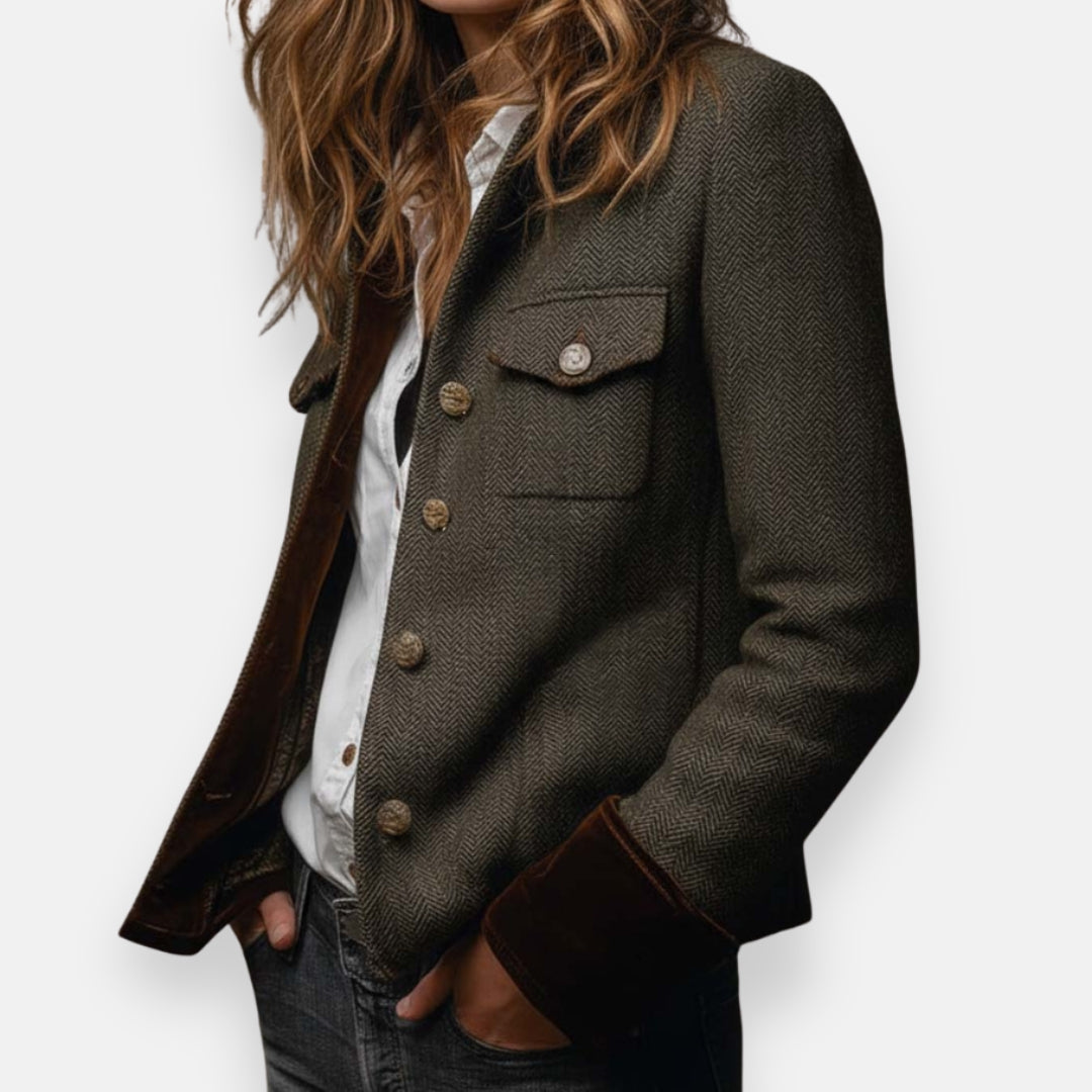 Velvet-Trim Tweed Jacket