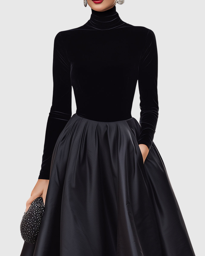 Aradia | Women's Elegant Black Velvet And Satin Midi Dress