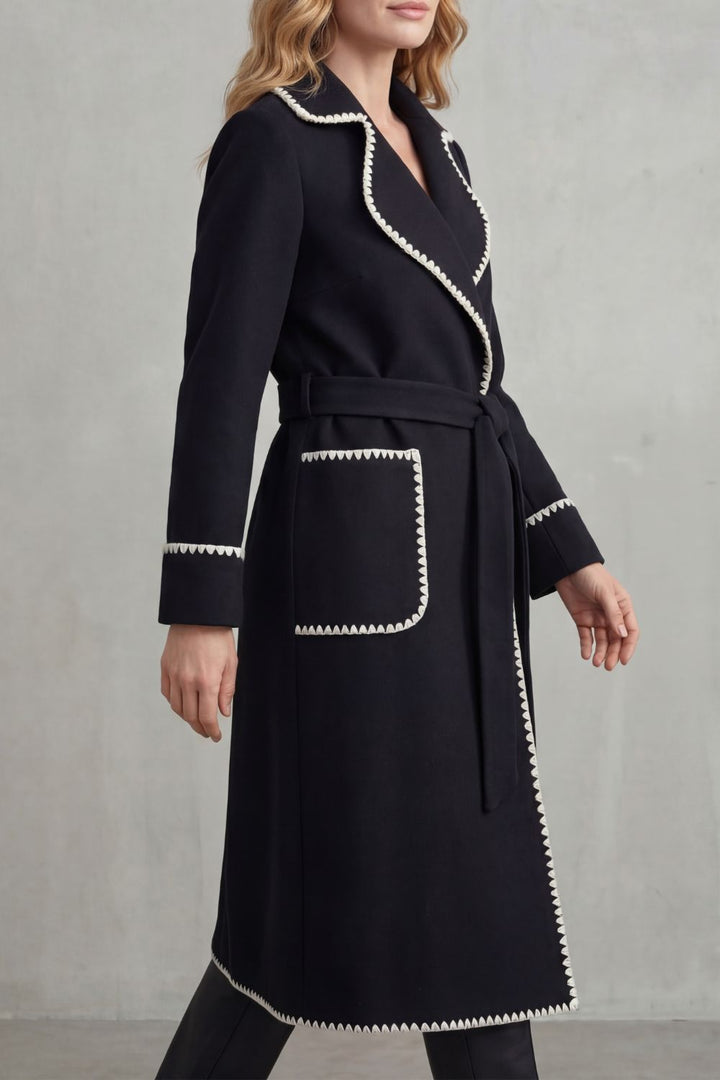 Serafelle | Women's Contrast Trim Longline Belted Coat