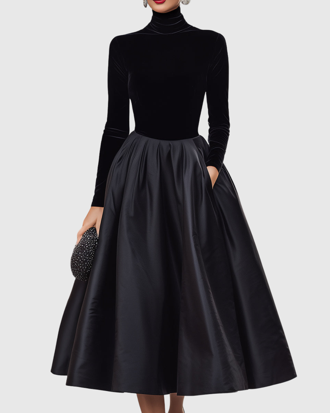 Aradia | Women's Elegant Black Velvet And Satin Midi Dress