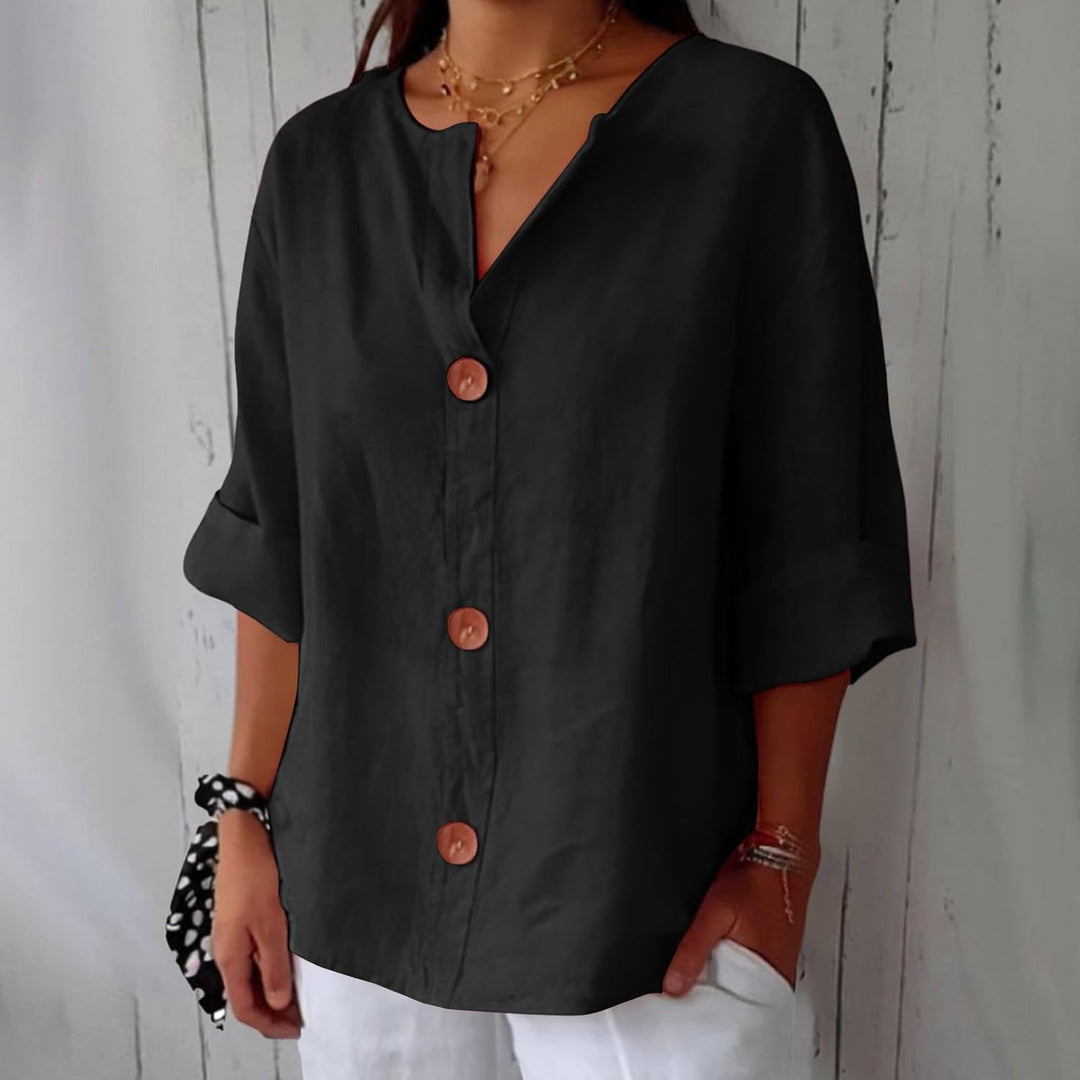 Maira – Cotton-Linen V-Neck Shirt with Wooden Buttons