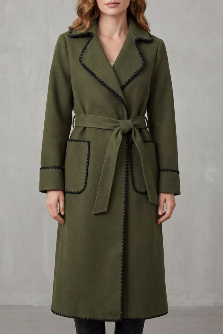 Serafelle | Women's Contrast Trim Longline Belted Coat