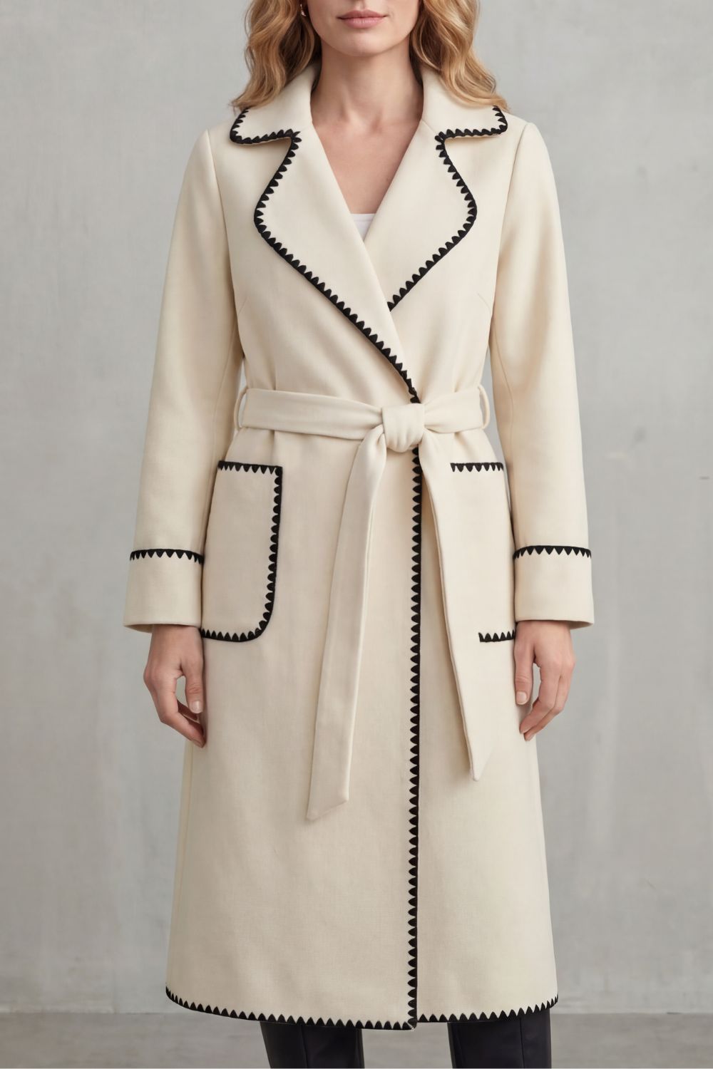 Serafelle | Women's Contrast Trim Longline Belted Coat