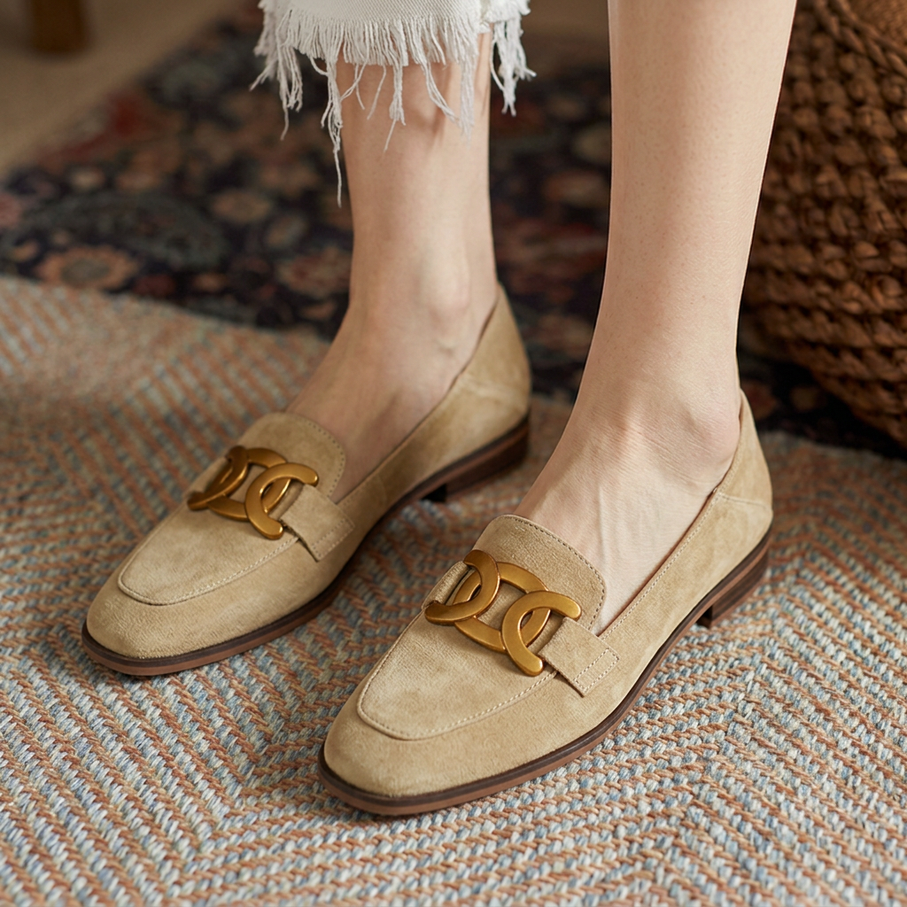 Elara | Women's Elegant Gold-Detail Suede Loafers