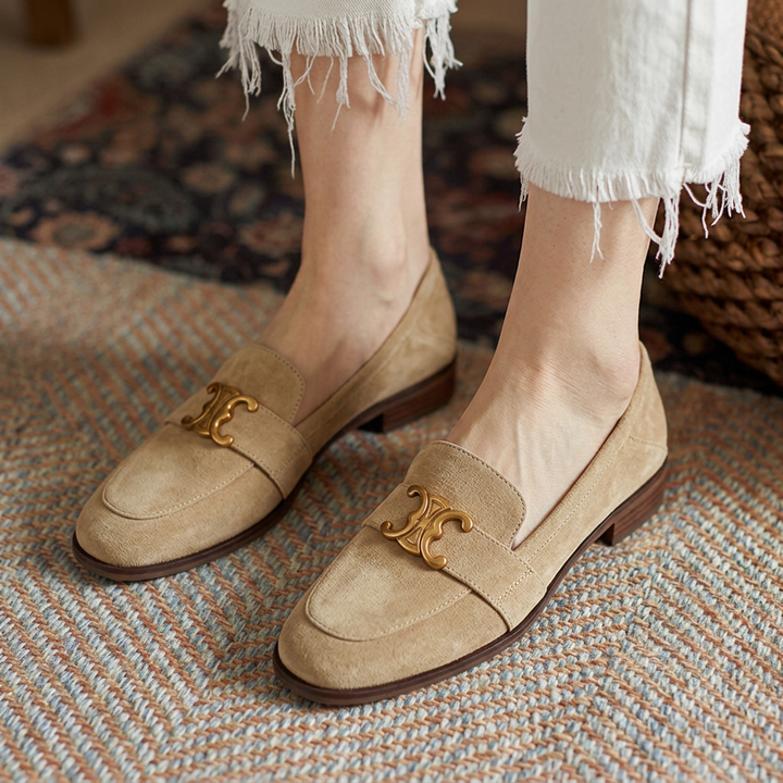 Elara | Women's Elegant Gold-Detail Suede Loafers