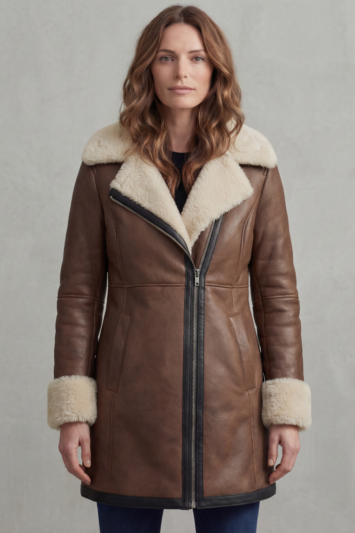 Elisara | Women's Shearling Collar Leather Winter Coat