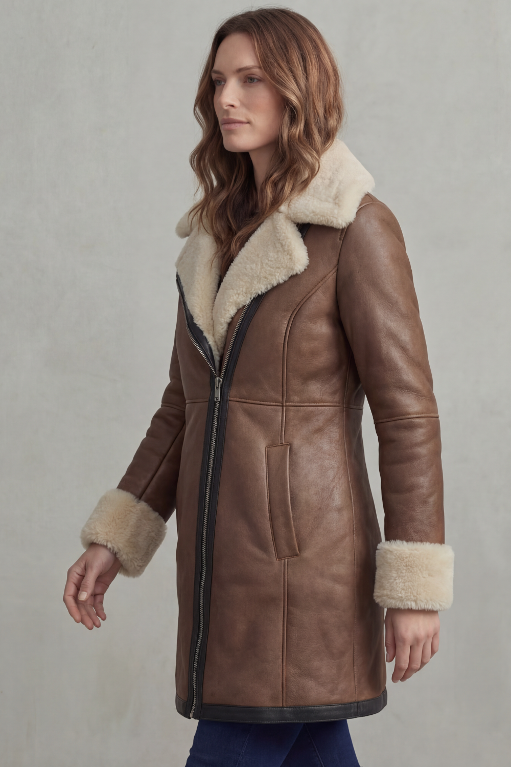 Elisara | Women's Shearling Collar Leather Winter Coat