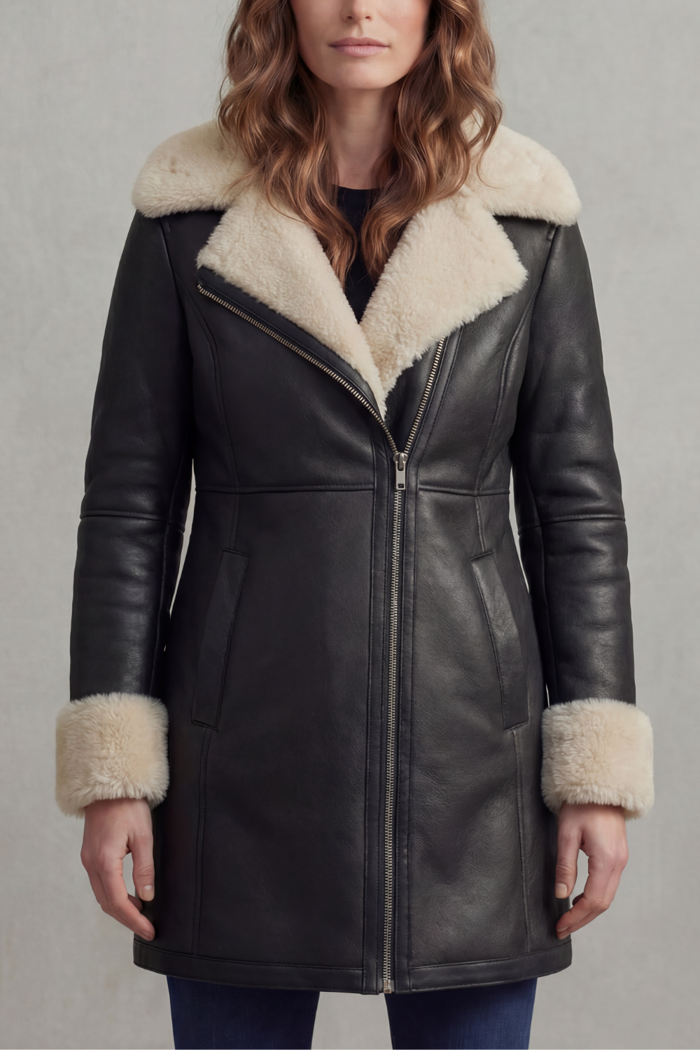 Elisara | Women's Shearling Collar Leather Winter Coat
