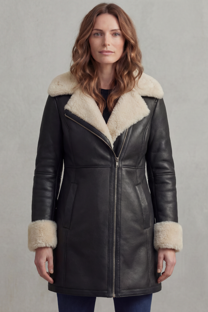 Elisara | Women's Shearling Collar Leather Winter Coat