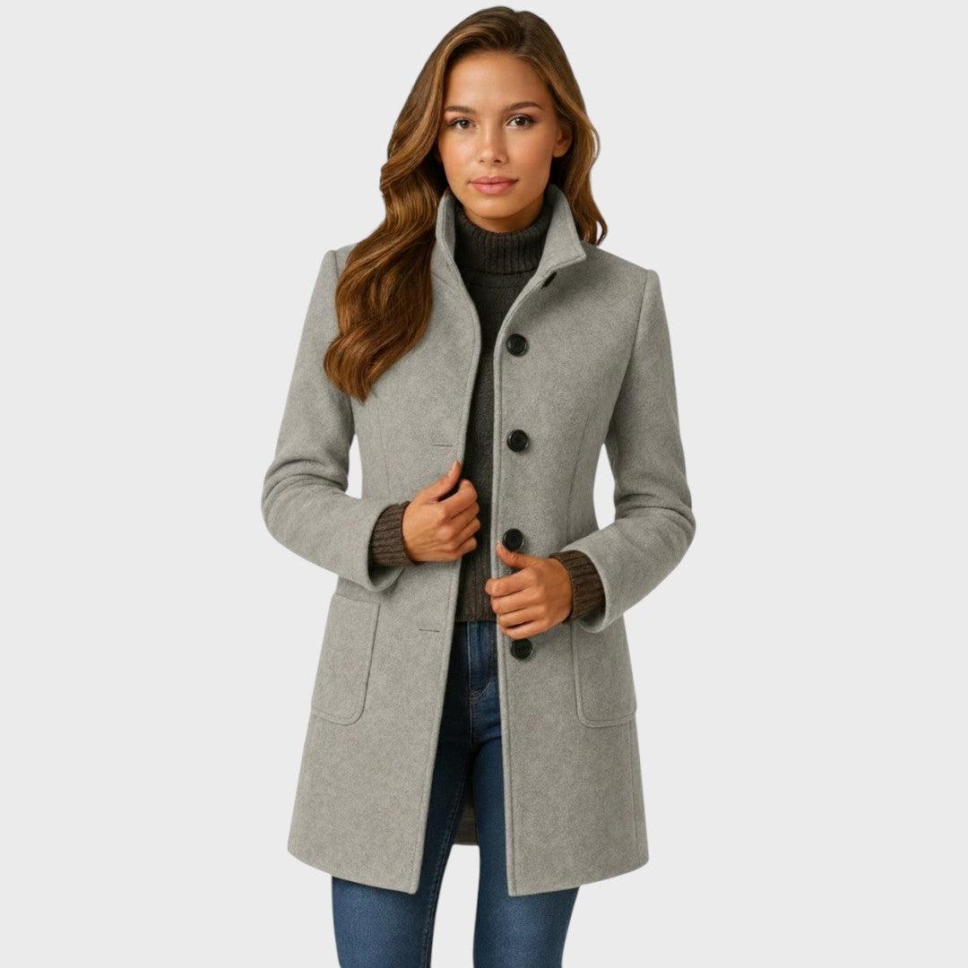 Structured Wool-Blend Stand-Collar Coat with Button Closure
