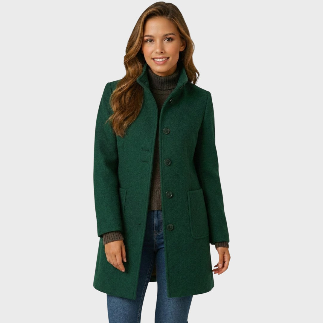 Structured Wool-Blend Stand-Collar Coat with Button Closure