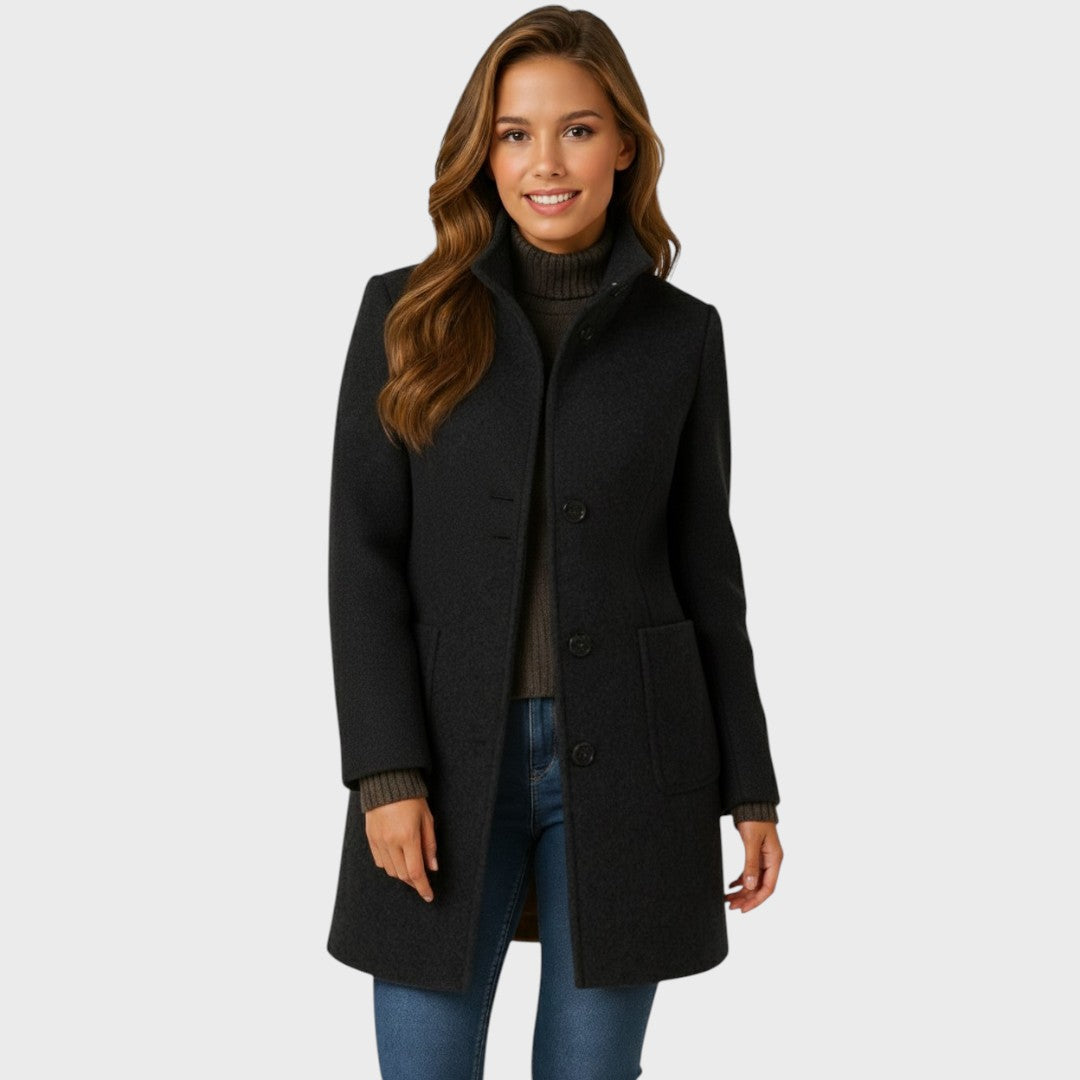 Structured Wool-Blend Stand-Collar Coat with Button Closure