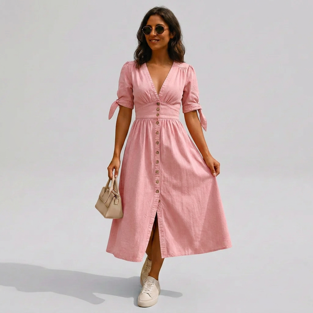 Jacqueline | Women's Button-Front V-Neck Tie-Sleeve Midi Dress