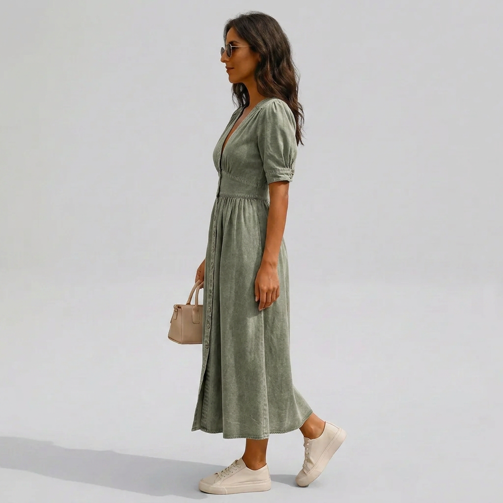 Jacqueline | Women's Button-Front V-Neck Tie-Sleeve Midi Dress