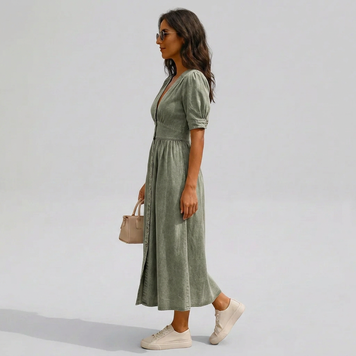 Jacqueline | Women's Button-Front V-Neck Tie-Sleeve Midi Dress