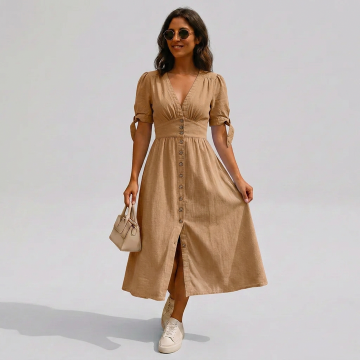 Jacqueline | Women's Button-Front V-Neck Tie-Sleeve Midi Dress