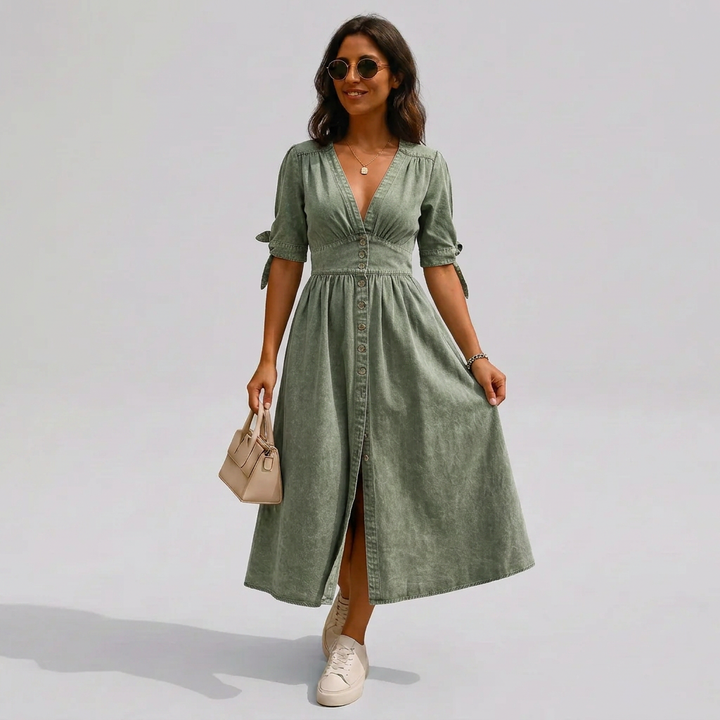 Jacqueline | Women's Button-Front V-Neck Tie-Sleeve Midi Dress