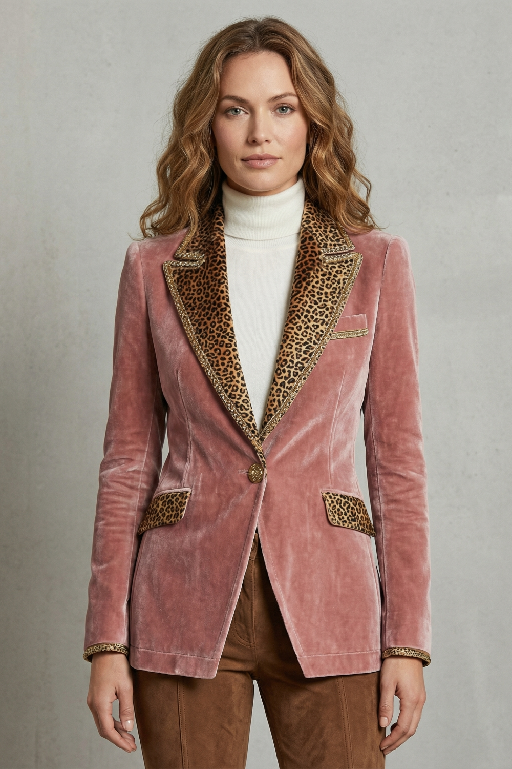Léovelle | Women's Leopard Contrast Elegant Cut Velvet Blazer