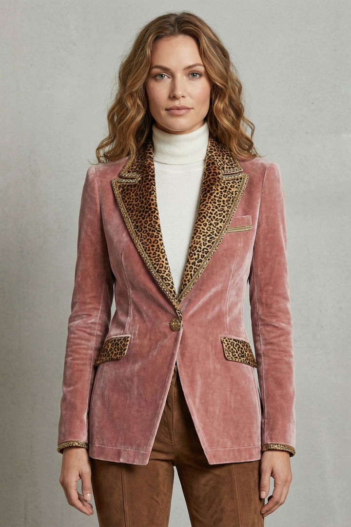 Léovelle | Women's Leopard Contrast Elegant Cut Velvet Blazer