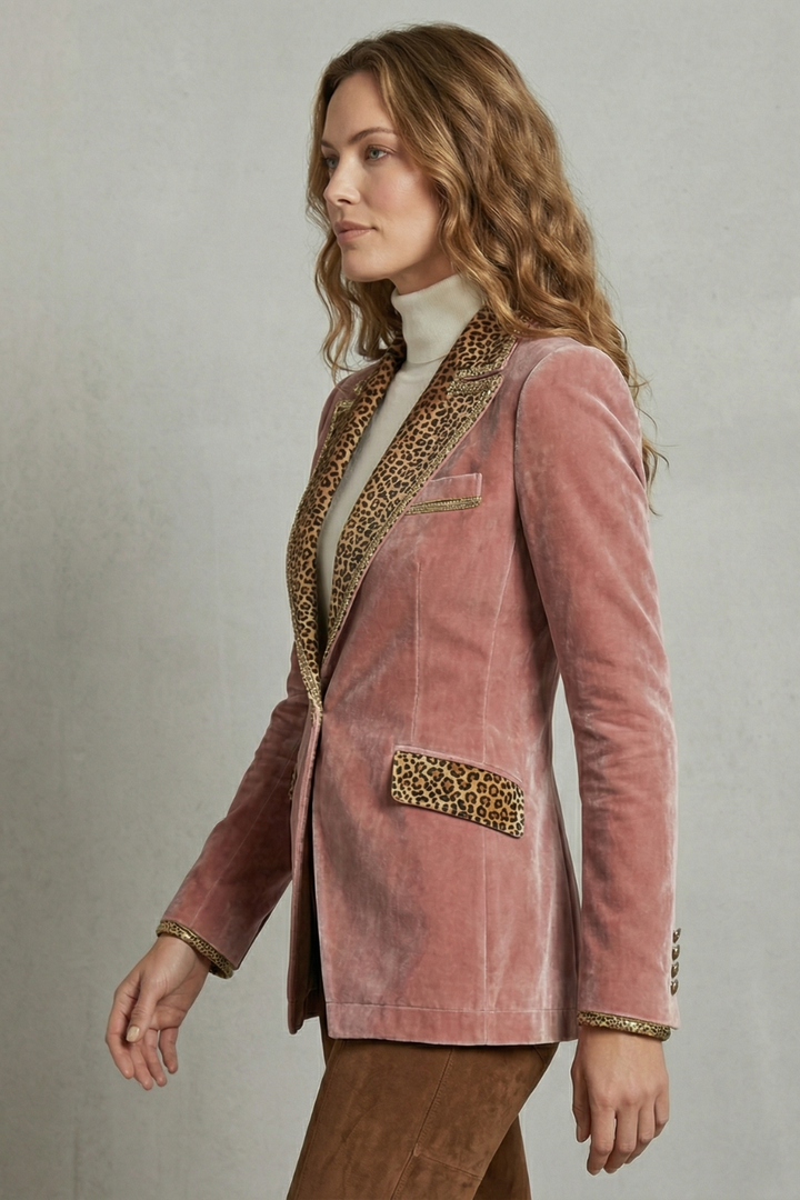 Léovelle | Women's Leopard Contrast Elegant Cut Velvet Blazer