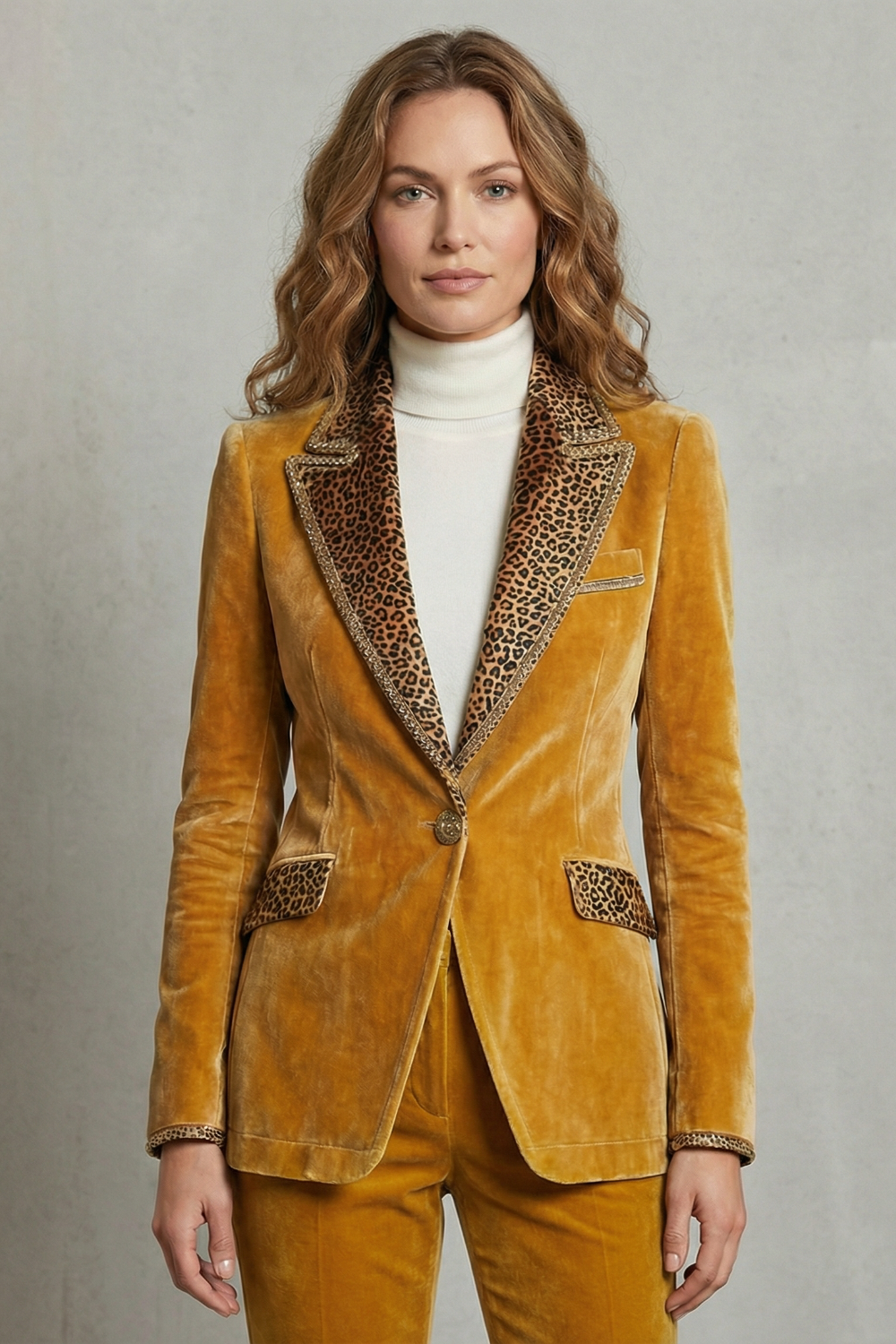 Léovelle | Women's Leopard Contrast Elegant Cut Velvet Blazer