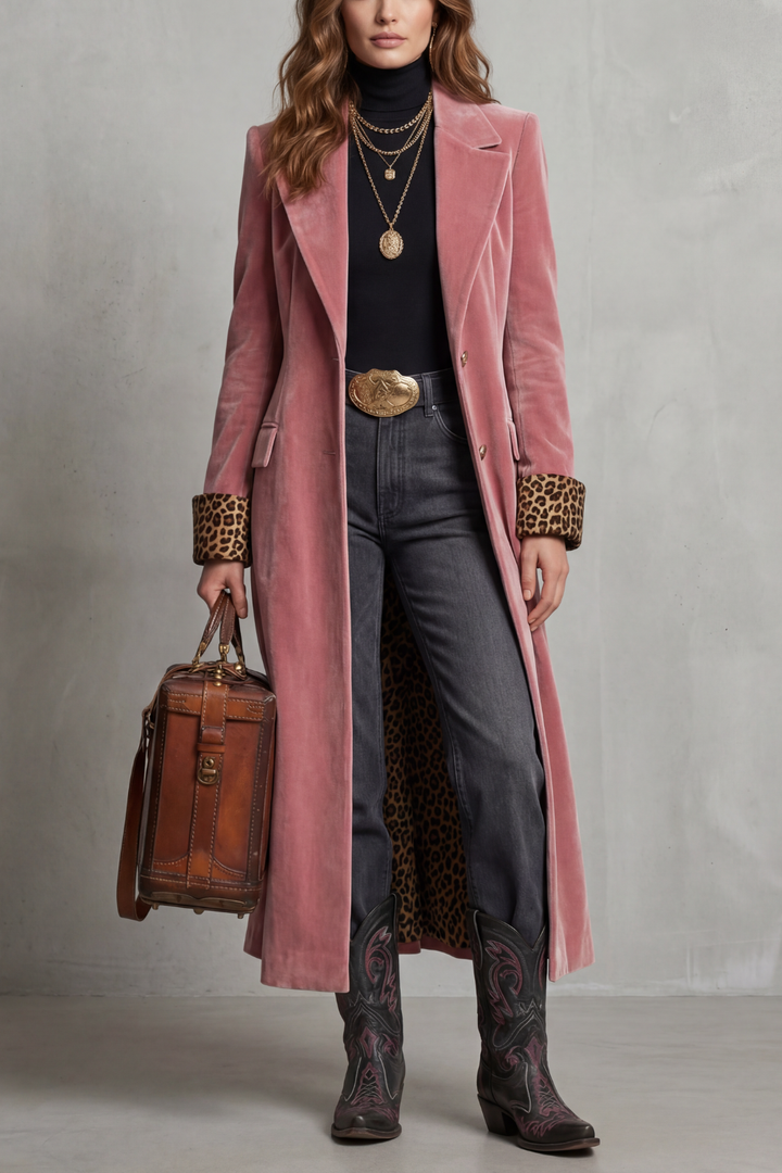 Lusavine | Women's Leopard-lined Velvet Elegance Long Coat