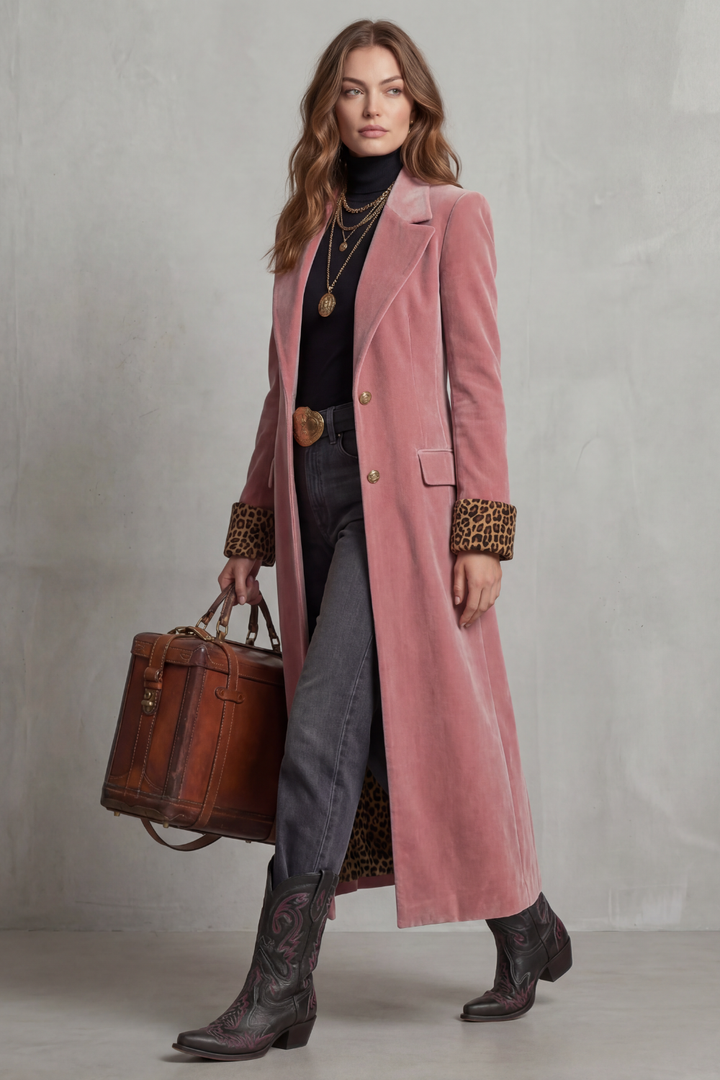 Lusavine | Women's Leopard-lined Velvet Elegance Long Coat