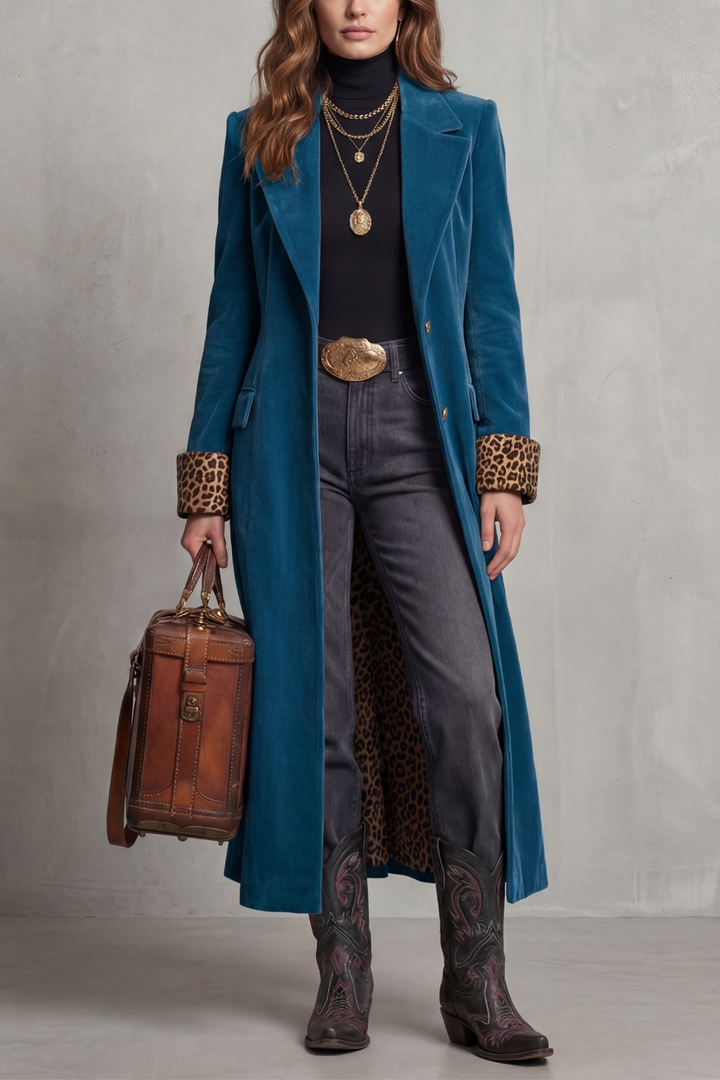 Lusavine | Women's Leopard-lined Velvet Elegance Long Coat