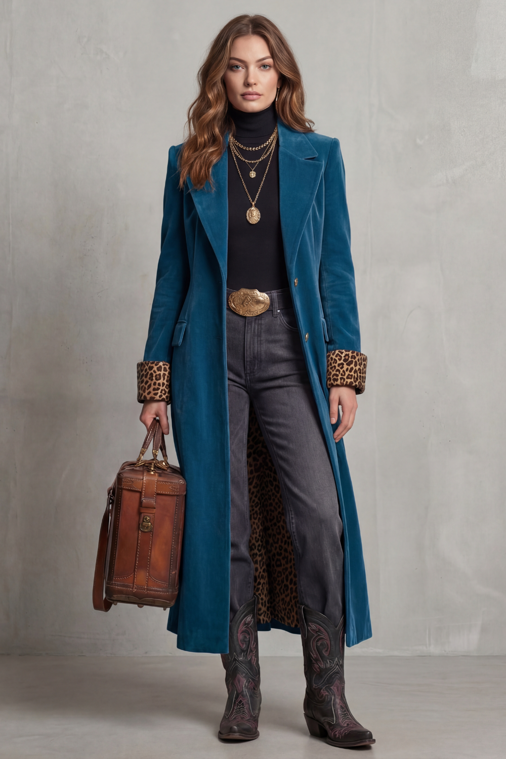 Lusavine | Women's Leopard-lined Velvet Elegance Long Coat
