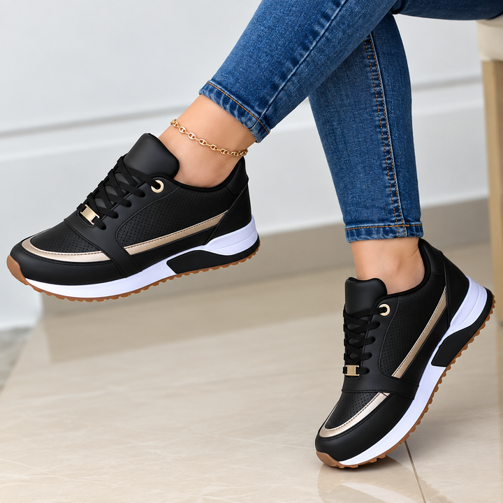 Maddie | Women's Black Lace-Up Comfort Sneakers with Metallic Accents