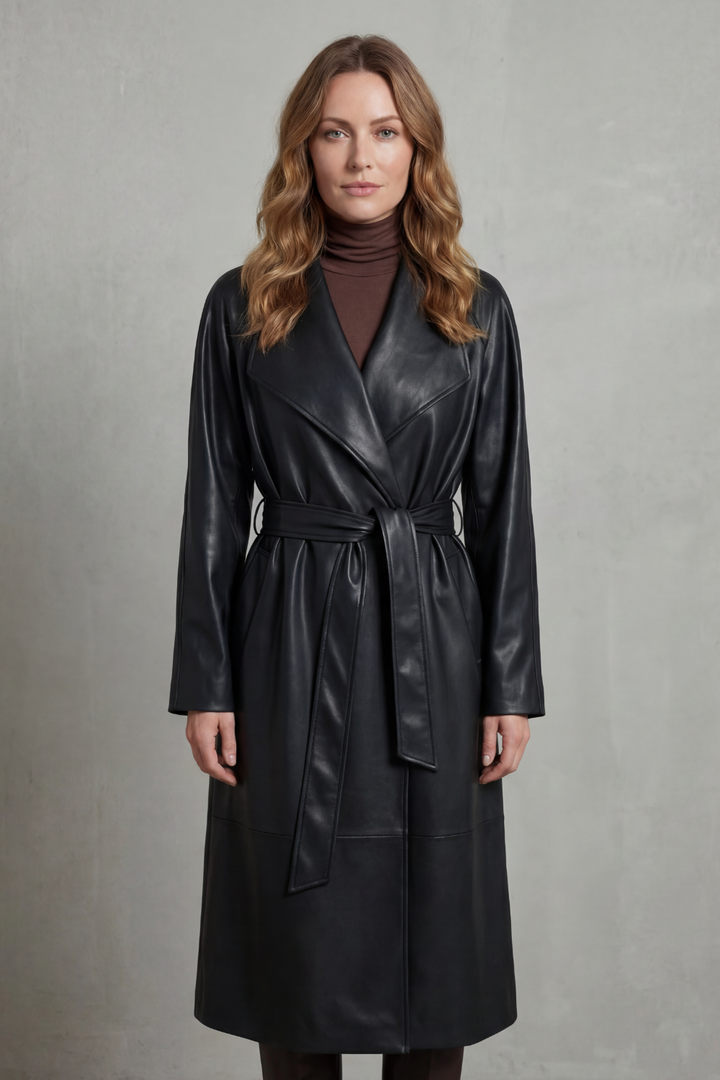 Marzienne | Women's Waist-cinching Silhouette Faux Leather Trench Coat