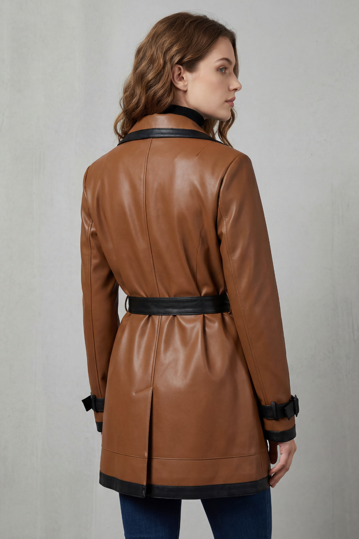 Mirella | Women's Contrast Trim Wrap Belted Faux Leather Trench Coat