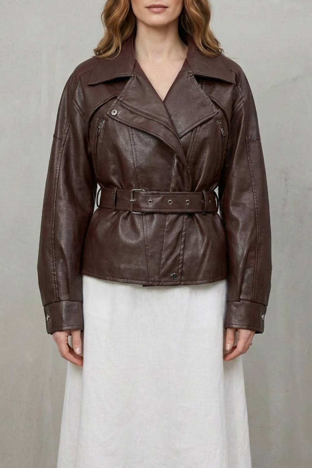 Mirella | Women's Faux Leather Belted Blazer Sculpted Modern Jacket