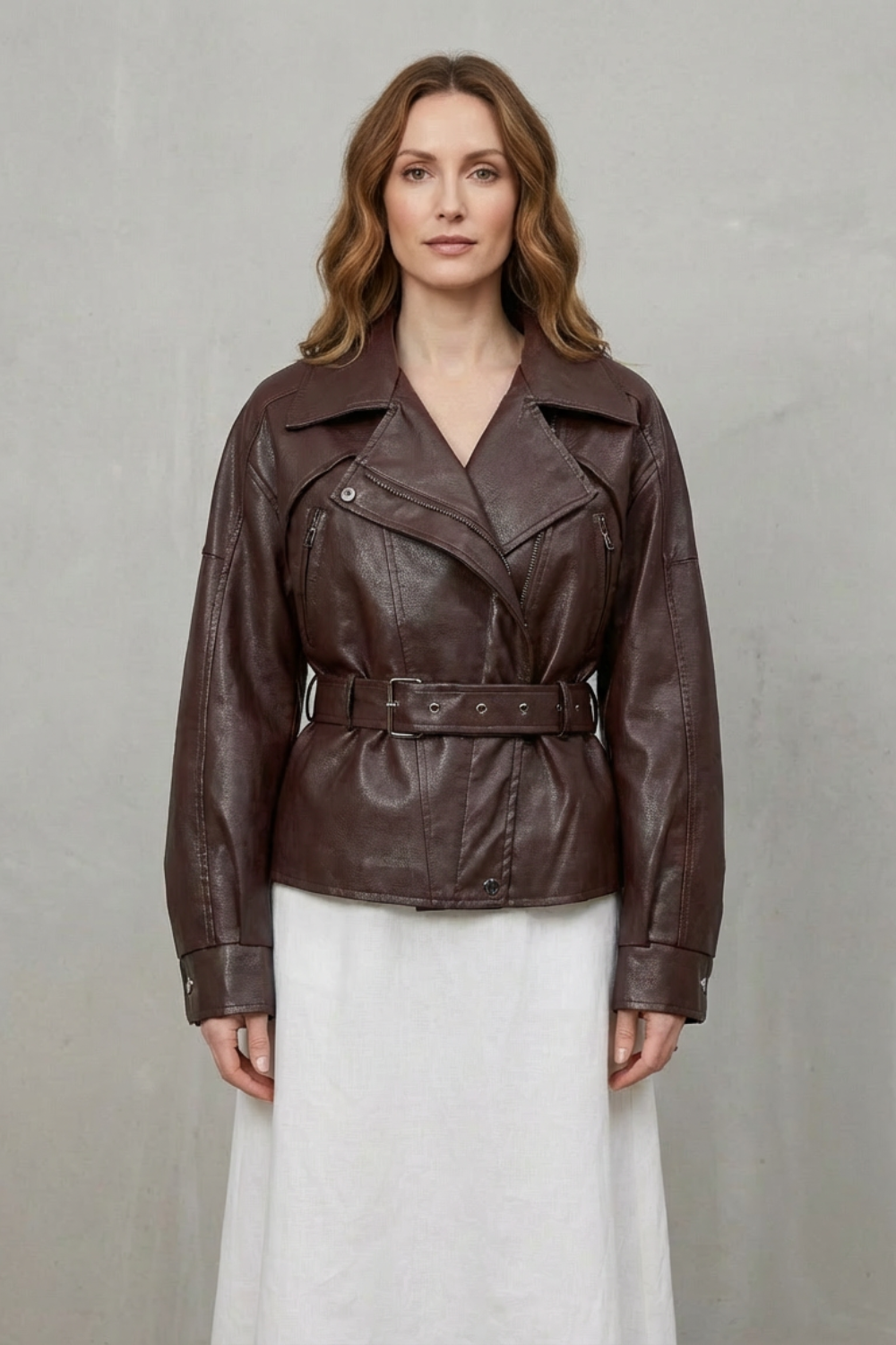 Mirella | Women's Faux Leather Belted Blazer Sculpted Modern Jacket