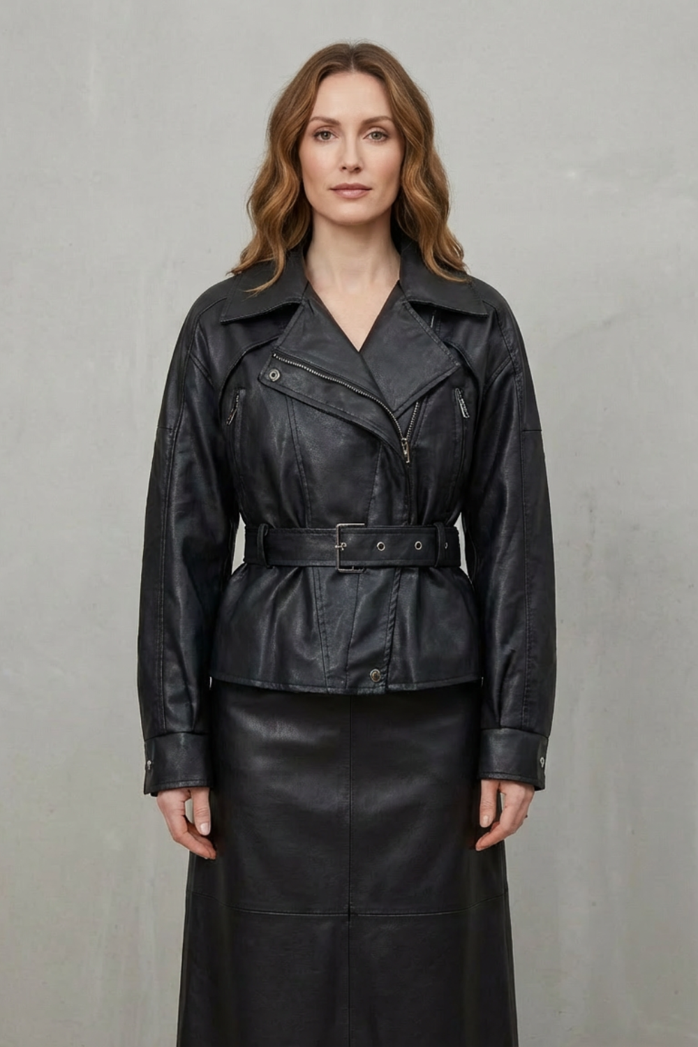 Mirella | Women's Faux Leather Belted Blazer Sculpted Modern Jacket