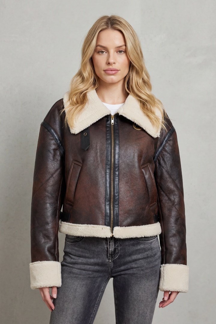 Mirevola | Women's Shearling Trim Cropped Aviator Jacket