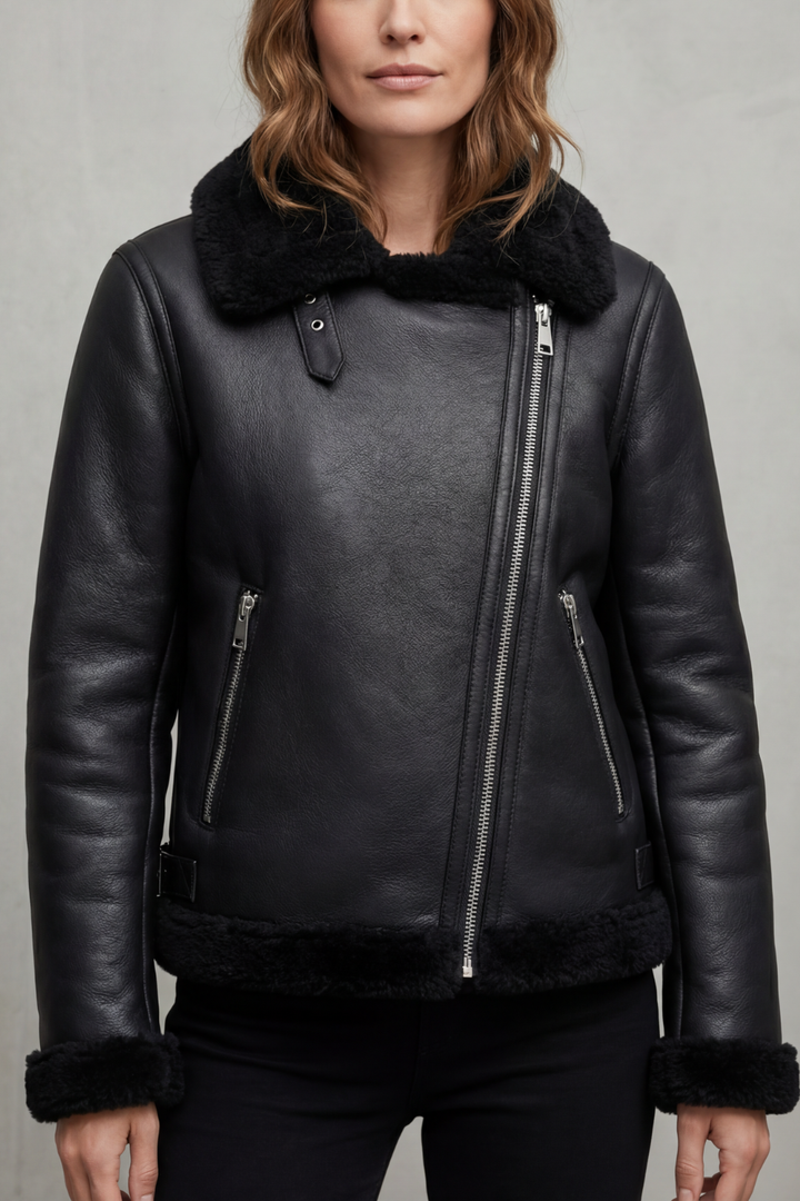 Noirellé | Women's Asymmetric Zip Shearling Biker Jacket
